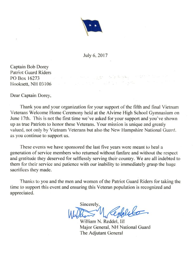 Thank you letter from Maj. Gen. William N. Reddel III, NH Nat. Guard ...